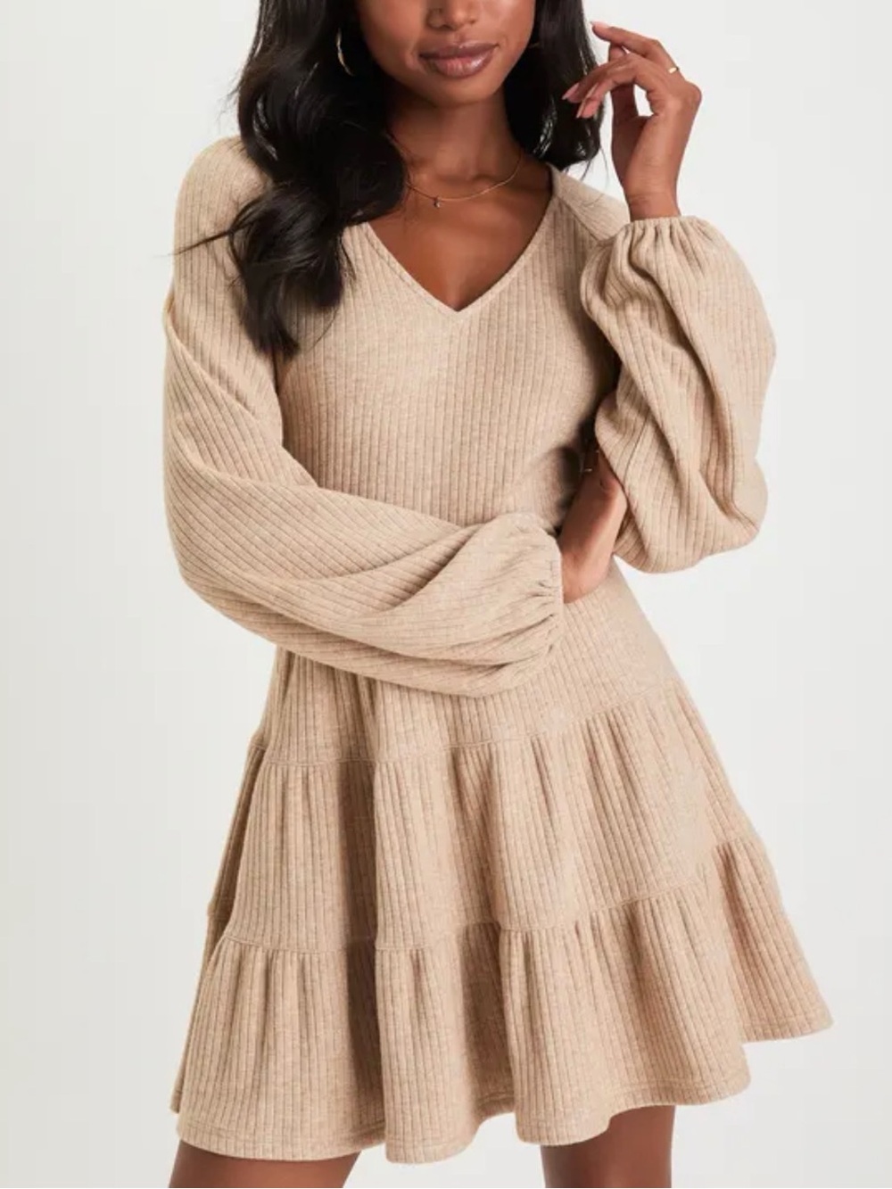 Lulus Womens Adorable Option Heather Beige Long Sleeve Mini Sweater Dress Size M